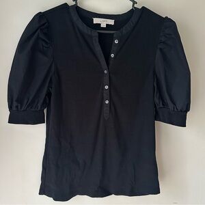 LOFT Ribbed Puff Sleeve Button T-Shirt with Button Front